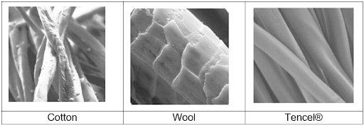 Close-up microscopic image showing the smooth surface of natural Tencel fibers, highlighting fiber texture and quality.