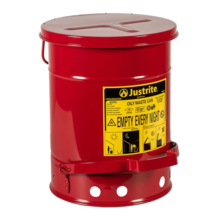 JUSTRITE 09100 Oily Waste Can,6 Gal.,Steel,Red 